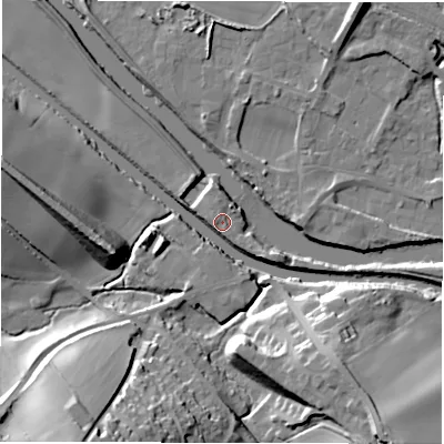 Shaded relief map of the ground around WF45PT, computed from Environment Agency LiDAR. The ground here sits at about 32 m above sea level and falls 30 m across the surrounding 800 m. Surface water reaching this point runs off ground lying to the south-south-west, 29.4 m higher.