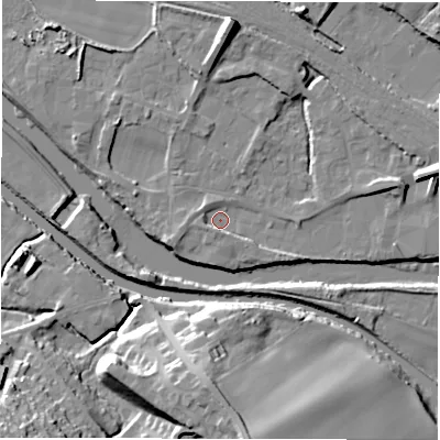 Shaded relief map of the ground around WF45PU, computed from Environment Agency LiDAR. The ground here sits at about 30 m above sea level and falls 25 m across the surrounding 800 m. Surface water reaching this point runs off ground lying to the east-south-east, 2.3 m higher.