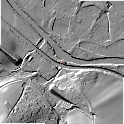 Shaded relief map of the ground around WF45PW, computed from Environment Agency LiDAR. The ground here sits at about 34 m above sea level and falls 33 m across the surrounding 800 m. Surface water reaching this point runs off ground lying to the south-south-east, 19.5 m higher.