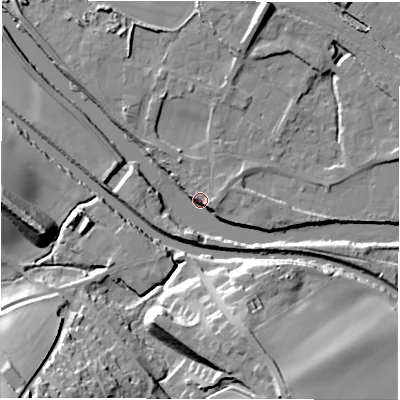 Shaded relief map of the ground around WF45PX, computed from Environment Agency LiDAR. The ground here sits at about 31 m above sea level and falls 31 m across the surrounding 800 m. Surface water reaching this point runs off ground lying to the south-south-west, 6.1 m higher.