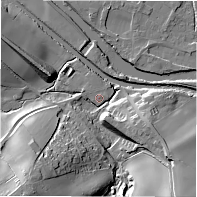 Shaded relief map of the ground around WF45QA, computed from Environment Agency LiDAR. The ground here sits at about 33 m above sea level and falls 36 m across the surrounding 800 m. Surface water reaching this point runs off ground lying to the west-north-west, 0.6 m higher.