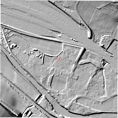 Shaded relief map of the ground around WF45QB, computed from Environment Agency LiDAR. The ground here sits at about 32 m above sea level and falls 31 m across the surrounding 800 m. Surface water reaching this point runs off ground lying to the east-north-east, 8.3 m higher.