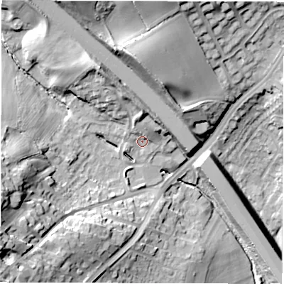 Shaded relief map of the ground around WF45QD, computed from Environment Agency LiDAR. The ground here sits at about 37 m above sea level and falls 32 m across the surrounding 800 m. Surface water reaching this point runs off ground lying to the north-north-west, 10.2 m higher.