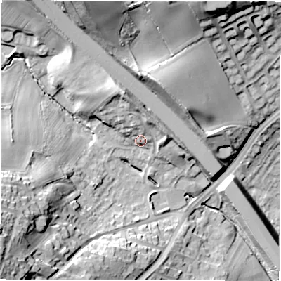 Shaded relief map of the ground around WF45QP, computed from Environment Agency LiDAR. The ground here sits at about 41 m above sea level and falls 37 m across the surrounding 800 m. Surface water reaching this point runs off ground lying to the north-north-east, 5.4 m higher.