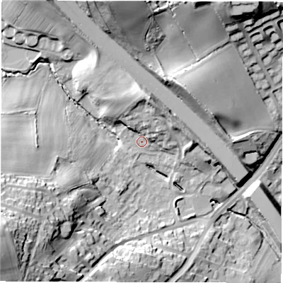 Shaded relief map of the ground around WF45QR, computed from Environment Agency LiDAR. The ground here sits at about 38 m above sea level and falls 42 m across the surrounding 800 m. Surface water reaching this point runs off ground lying to the north, 11.6 m higher.