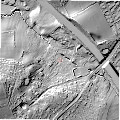 Shaded relief map of the ground around WF45QT, computed from Environment Agency LiDAR. The ground here sits at about 37 m above sea level and falls 42 m across the surrounding 800 m. Surface water reaching this point runs off ground lying to the west-south-west, 35.5 m higher.