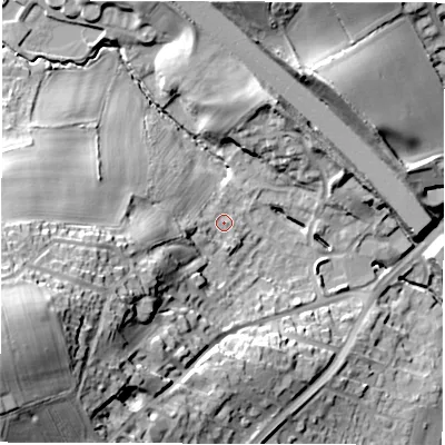 Shaded relief map of the ground around WF45QU, computed from Environment Agency LiDAR. The ground here sits at about 39 m above sea level and falls 45 m across the surrounding 800 m. Surface water reaching this point runs off ground lying to the west-south-west, 34.6 m higher.