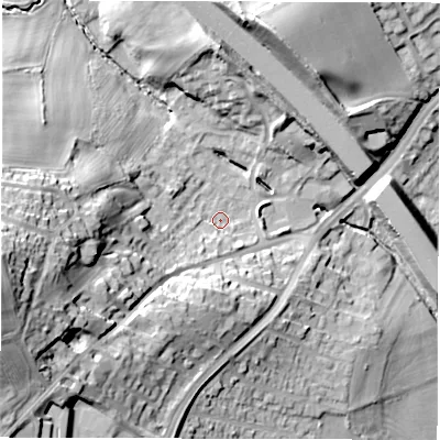 Shaded relief map of the ground around WF45QY, computed from Environment Agency LiDAR. The ground here sits at about 37 m above sea level and falls 41 m across the surrounding 800 m. Surface water reaching this point runs off ground lying to the west, 34.2 m higher.
