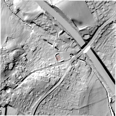 Shaded relief map of the ground around WF45RB, computed from Environment Agency LiDAR. The ground here sits at about 36 m above sea level and falls 35 m across the surrounding 800 m. Surface water reaching this point runs off ground lying to the west-north-west, 2.1 m higher.