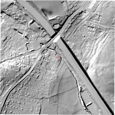 Shaded relief map of the ground around WF45RD, computed from Environment Agency LiDAR. The ground here sits at about 33 m above sea level and falls 27 m across the surrounding 800 m. Surface water reaching this point runs off ground lying to the west-south-west, 20.9 m higher.