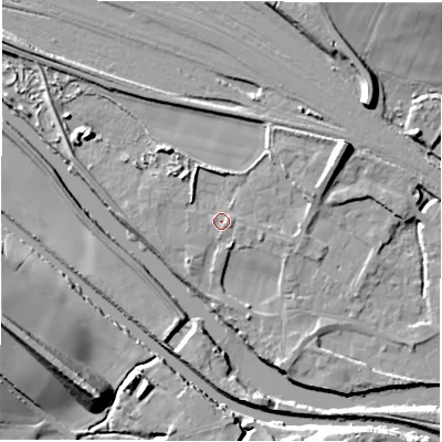 Shaded relief map of the ground around WF45RW, computed from Environment Agency LiDAR. The ground here sits at about 31 m above sea level and falls 20 m across the surrounding 800 m. Surface water reaching this point runs off ground lying to the east-north-east, 8.3 m higher.