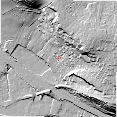 Shaded relief map of the ground around WF46HB, computed from Environment Agency LiDAR. The ground here sits at about 41 m above sea level and falls 54 m across the surrounding 800 m. Surface water reaching this point runs off ground lying to the east-north-east, 39.8 m higher.