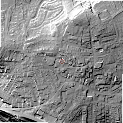 Shaded relief map of the ground around WF46HJ, computed from Environment Agency LiDAR. The ground here sits at about 74 m above sea level and falls 54 m across the surrounding 800 m. Surface water reaching this point runs off ground lying to the north-east, 5.6 m higher.