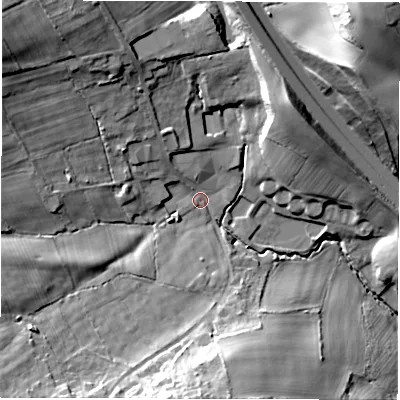 Shaded relief map of the ground around WF50HW, computed from Environment Agency LiDAR. The ground here sits at about 43 m above sea level and falls 49 m across the surrounding 800 m. Surface water reaching this point runs off ground lying to the north-west, 19.0 m higher.