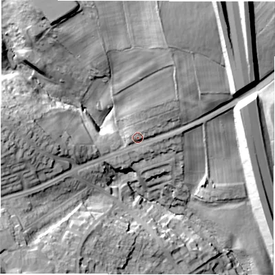 Shaded relief map of the ground around WF50NP, computed from Environment Agency LiDAR. The ground here sits at about 67 m above sea level and falls 43 m across the surrounding 800 m. Surface water reaching this point runs off ground lying to the north-east, 27.4 m higher.