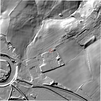 Shaded relief map of the ground around WF58LT, computed from Environment Agency LiDAR. The ground here sits at about 42 m above sea level and falls 46 m across the surrounding 800 m. Surface water reaching this point runs off ground lying to the north-east, 16.7 m higher.