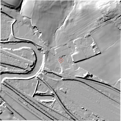 Shaded relief map of the ground around WF58ND, computed from Environment Agency LiDAR. The ground here sits at about 35 m above sea level and falls 35 m across the surrounding 800 m. Surface water reaching this point runs off ground lying to the north-east, 27.5 m higher.