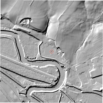 Shaded relief map of the ground around WF58NE, computed from Environment Agency LiDAR. The ground here sits at about 34 m above sea level and falls 30 m across the surrounding 800 m. Surface water reaching this point runs off ground lying to the south-east, 3.3 m higher.