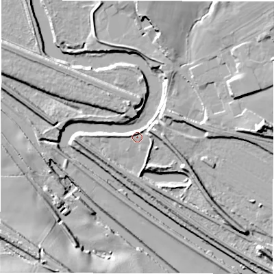 Shaded relief map of the ground around WF58NF, computed from Environment Agency LiDAR. The ground here sits at about 33 m above sea level and falls 27 m across the surrounding 800 m. Surface water reaching this point runs off ground lying to the north-east, 19.1 m higher.