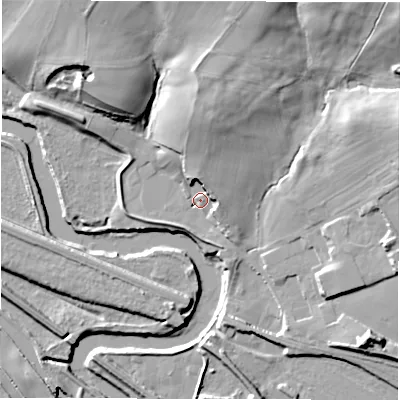 Shaded relief map of the ground around WF58NG, computed from Environment Agency LiDAR. The ground here sits at about 36 m above sea level and falls 31 m across the surrounding 800 m. Surface water reaching this point runs off ground lying to the north-north-east, 23.5 m higher.