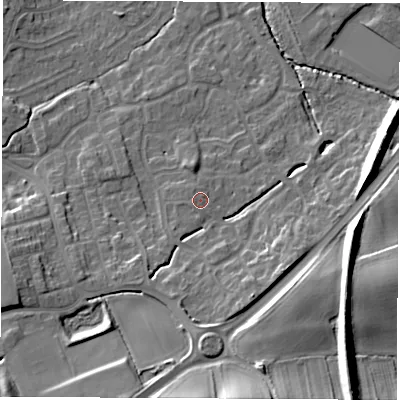 Shaded relief map of the ground around WF61JB, computed from Environment Agency LiDAR. The ground here sits at about 27 m above sea level and falls 21 m across the surrounding 800 m. Surface water reaching this point runs off ground lying to the south-south-west, 0.9 m higher.