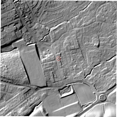 Shaded relief map of the ground around WF61PA, computed from Environment Agency LiDAR. The ground here sits at about 28 m above sea level and falls 24 m across the surrounding 800 m. Surface water reaching this point runs off ground lying to the south-south-west, 8.8 m higher.
