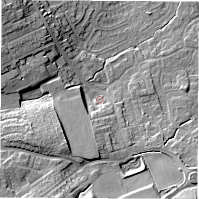 Shaded relief map of the ground around WF61PD, computed from Environment Agency LiDAR. The ground here sits at about 26 m above sea level and falls 20 m across the surrounding 800 m. Surface water reaching this point runs off ground lying to the south-west, 13.4 m higher.