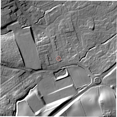 Shaded relief map of the ground around WF61PE, computed from Environment Agency LiDAR. The ground here sits at about 31 m above sea level and falls 28 m across the surrounding 800 m. Surface water reaching this point runs off ground lying to the west-south-west, 2.7 m higher.