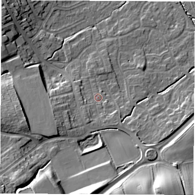 Shaded relief map of the ground around WF61PF, computed from Environment Agency LiDAR. The ground here sits at about 28 m above sea level and falls 26 m across the surrounding 800 m. Surface water reaching this point runs off ground lying to the south, 20.3 m higher.