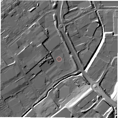 Shaded relief map of the ground around WF61RW, computed from Environment Agency LiDAR. The ground here sits at about 20 m above sea level and falls 24 m across the surrounding 800 m. Surface water reaching this point runs off ground lying to the south-east, 21.3 m higher.