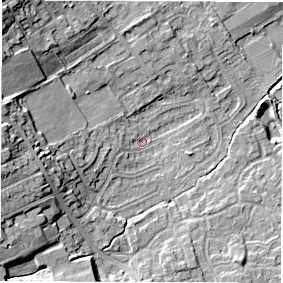 Shaded relief map of the ground around WF61SD, computed from Environment Agency LiDAR. The ground here sits at about 23 m above sea level and falls 20 m across the surrounding 800 m. Surface water reaching this point runs off ground lying to the west-south-west, 3.5 m higher.