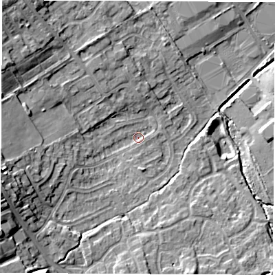 Shaded relief map of the ground around WF61SE, computed from Environment Agency LiDAR. The ground here sits at about 22 m above sea level and falls 16 m across the surrounding 800 m. Surface water reaching this point runs off ground lying to the west-south-west, 12.3 m higher.