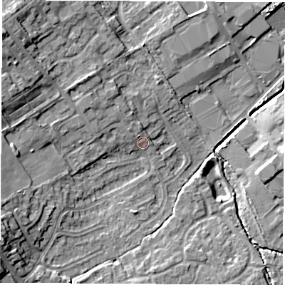 Shaded relief map of the ground around WF61SF, computed from Environment Agency LiDAR. The ground here sits at about 23 m above sea level and falls 14 m across the surrounding 800 m. Surface water reaching this point runs off ground lying to the north-west, 3.8 m higher.
