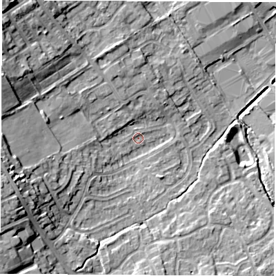 Shaded relief map of the ground around WF61SG, computed from Environment Agency LiDAR. The ground here sits at about 23 m above sea level and falls 17 m across the surrounding 800 m. Surface water reaching this point runs off ground lying to the west, 12.9 m higher.