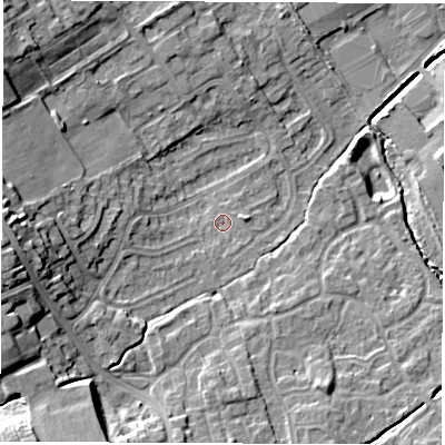 Shaded relief map of the ground around WF61SH, computed from Environment Agency LiDAR. The ground here sits at about 23 m above sea level and falls 16 m across the surrounding 800 m. Surface water reaching this point runs off ground lying to the south, 1.3 m higher.