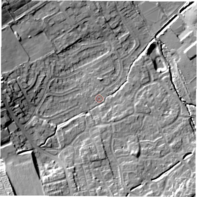 Shaded relief map of the ground around WF61SL, computed from Environment Agency LiDAR. The ground here sits at about 23 m above sea level and falls 19 m across the surrounding 800 m. Surface water reaching this point runs off ground lying to the south-west, 14.3 m higher.