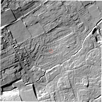 Shaded relief map of the ground around WF61SP, computed from Environment Agency LiDAR. The ground here sits at about 24 m above sea level and falls 20 m across the surrounding 800 m. Surface water reaching this point runs off ground lying to the west-north-west, 2.4 m higher.