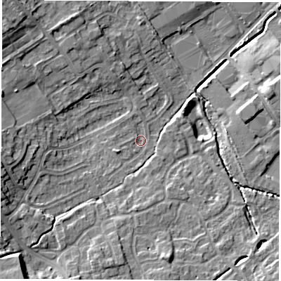 Shaded relief map of the ground around WF61SQ, computed from Environment Agency LiDAR. The ground here sits at about 22 m above sea level and falls 12 m across the surrounding 800 m. Surface water reaching this point runs off ground lying to the south-west, 9.2 m higher.