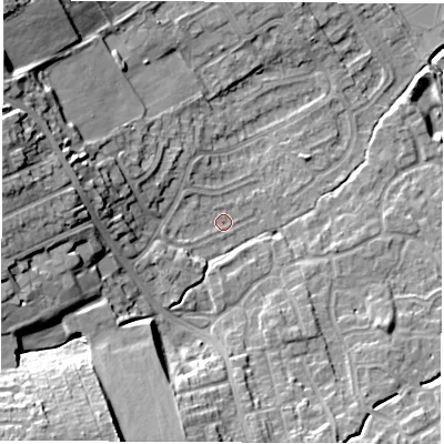 Shaded relief map of the ground around WF61SU, computed from Environment Agency LiDAR. The ground here sits at about 24 m above sea level and falls 21 m across the surrounding 800 m. Surface water reaching this point runs off ground lying to the west, 9.0 m higher.