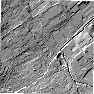 Shaded relief map of the ground around WF61SX, computed from Environment Agency LiDAR. The ground here sits at about 21 m above sea level and falls 10 m across the surrounding 800 m. Surface water reaching this point runs off ground lying to the west-north-west, 8.7 m higher.