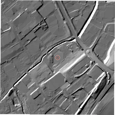 Shaded relief map of the ground around WF61TF, computed from Environment Agency LiDAR. The ground here sits at about 21 m above sea level and falls 23 m across the surrounding 800 m. Surface water reaching this point runs off ground lying to the east, 13.3 m higher.