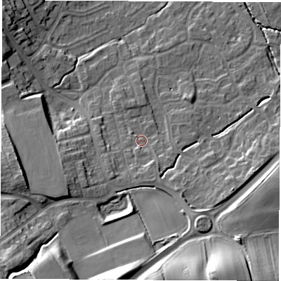 Shaded relief map of the ground around WF61TG, computed from Environment Agency LiDAR. The ground here sits at about 28 m above sea level and falls 26 m across the surrounding 800 m. Surface water reaching this point runs off ground lying to the south, 19.4 m higher.