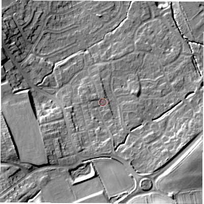 Shaded relief map of the ground around WF61TJ, computed from Environment Agency LiDAR. The ground here sits at about 27 m above sea level and falls 21 m across the surrounding 800 m. Surface water reaching this point runs off ground lying to the south-south-east, 4.1 m higher.