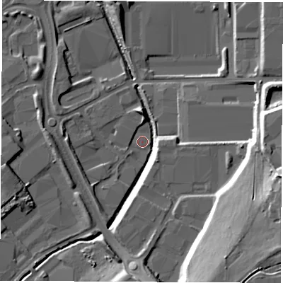 Shaded relief map of the ground around WF61TW, computed from Environment Agency LiDAR. The ground here sits at about 19 m above sea level and falls 25 m across the surrounding 800 m. Surface water reaching this point runs off ground lying to the south-east, 23.6 m higher.