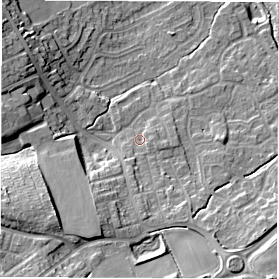 Shaded relief map of the ground around WF61TY, computed from Environment Agency LiDAR. The ground here sits at about 26 m above sea level and falls 20 m across the surrounding 800 m. Surface water reaching this point runs off ground lying to the south-west, 13.4 m higher.