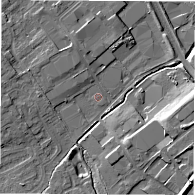 Shaded relief map of the ground around WF61TZ, computed from Environment Agency LiDAR. The ground here sits at about 21 m above sea level and falls 15 m across the surrounding 800 m. Surface water reaching this point runs off ground lying to the east-south-east, 13.8 m higher.