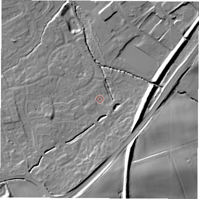 Shaded relief map of the ground around WF61WB, computed from Environment Agency LiDAR. The ground here sits at about 25 m above sea level and falls 20 m across the surrounding 800 m. Surface water reaching this point runs off ground lying to the south, 7.3 m higher.