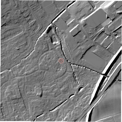 Shaded relief map of the ground around WF61WD, computed from Environment Agency LiDAR. The ground here sits at about 23 m above sea level and falls 18 m across the surrounding 800 m. Surface water reaching this point runs off ground lying to the south, 8.3 m higher.