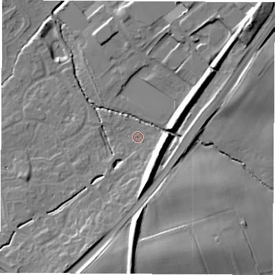 Shaded relief map of the ground around WF61WG, computed from Environment Agency LiDAR. The ground here sits at about 24 m above sea level and falls 20 m across the surrounding 800 m. Surface water reaching this point runs off ground lying to the south, 14.2 m higher.