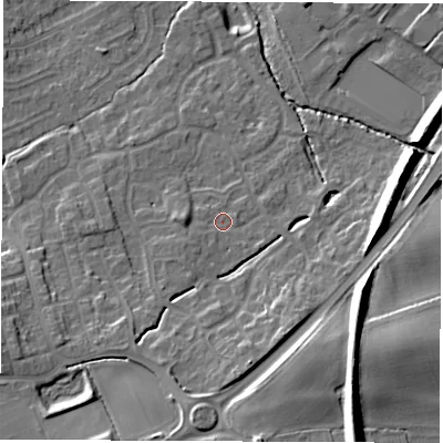 Shaded relief map of the ground around WF61WH, computed from Environment Agency LiDAR. The ground here sits at about 26 m above sea level and falls 21 m across the surrounding 800 m. Surface water reaching this point runs off ground lying to the south, 7.9 m higher.